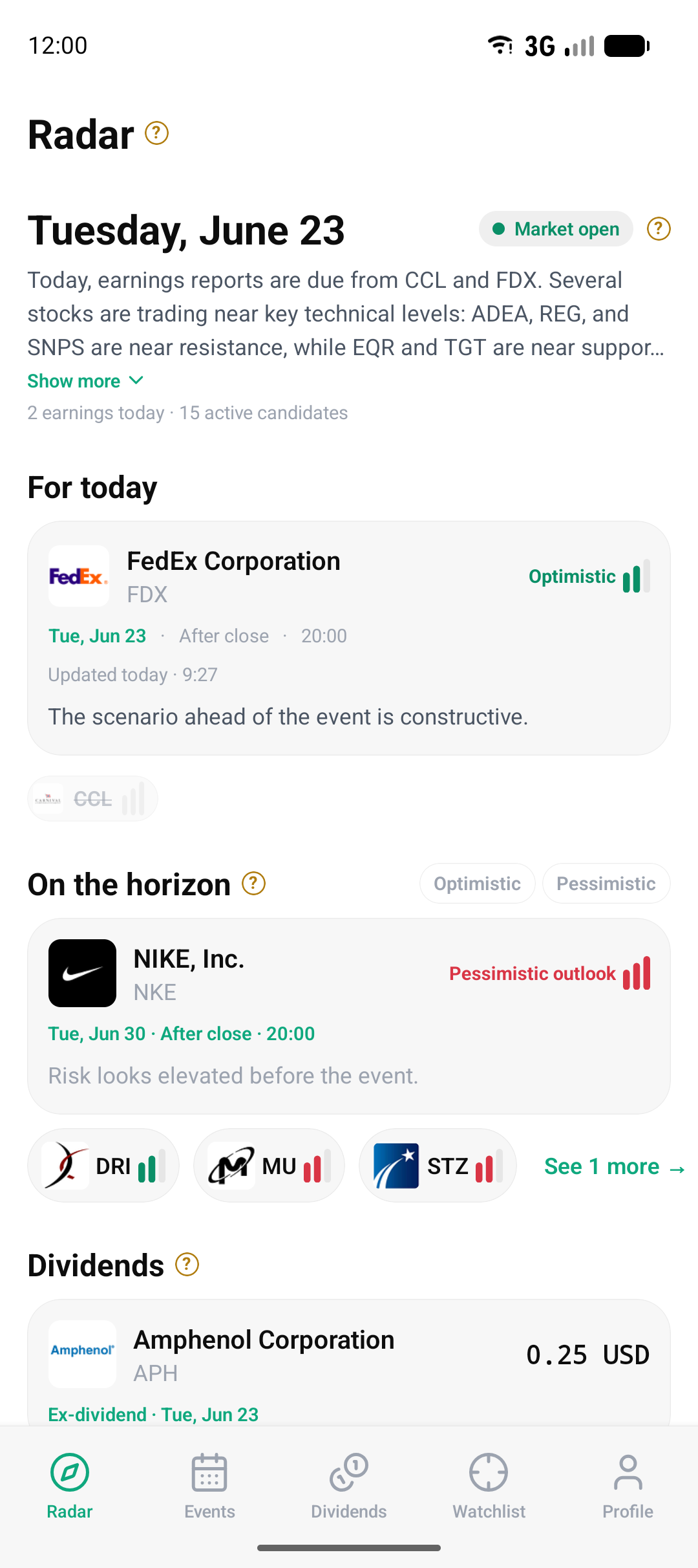 The app's Radar screen with the day's events and each asset's outlook.