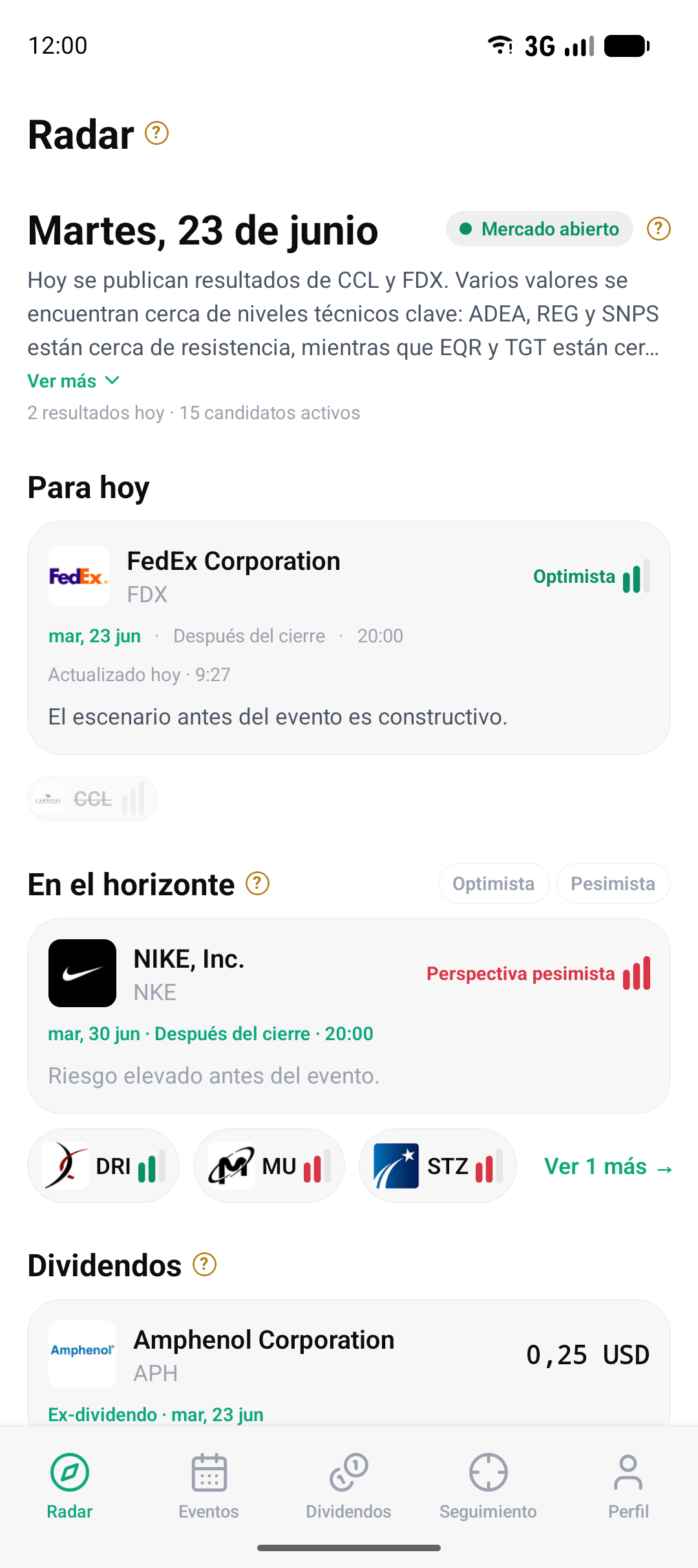 Pantalla Radar de la app con los eventos del día y la perspectiva de cada activo.